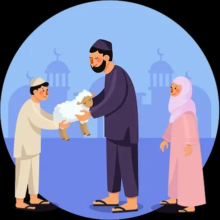 A man giving a sheep to a boy while a woman stands nearby, with a mosque in the background — symbolizing the Islamic tradition of Eid al-Adha.